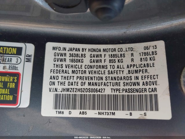 Aukcja sprzedaży 2013 Honda Insight Lx, vin: JHMZE2H52DS006427, numer aukcji: 46028220