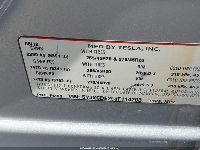 Продаж на аукціоні авто 2018 Tesla Model X 100d/75d/p100d, vin: 5YJXCDE29JF114203, номер лоту: 46028229