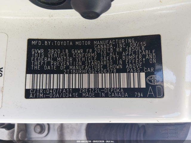 2016 Toyota Corolla L მანქანა იყიდება აუქციონზე, vin: 2T1BURHE0GC506378, აუქციონის ნომერი: 46028238