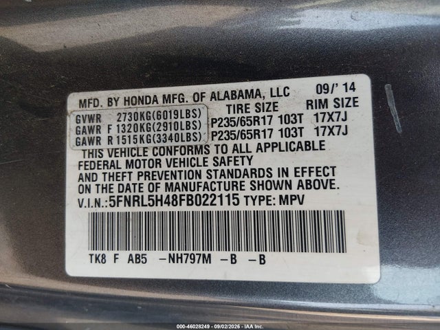 Продаж на аукціоні авто 2015 Honda Odyssey Ex, vin: 5FNRL5H48FB022115, номер лоту: 46028249