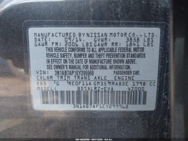 Продажа на аукционе авто 2014 Nissan Sentra Sr, vin: 3N1AB7AP1EY299968, номер лота: 46028260
