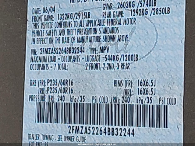 Продажа на аукционе авто 2004 Ford Freestar Sel, vin: 2FMZA52264BB32244, номер лота: 46028280