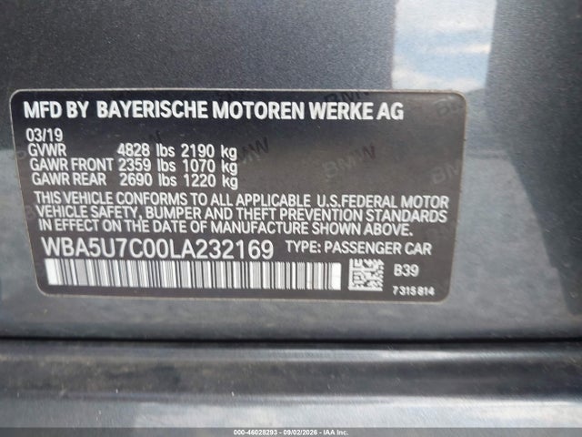46028293 :رقم المزاد ، WBA5U7C00LA232169 vin ، 2020 Bmw M340i مزاد بيع