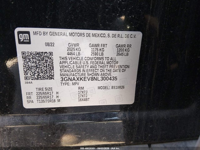 3GNAXKEV8NL300435 Chevrolet Equinox Fwd Lt