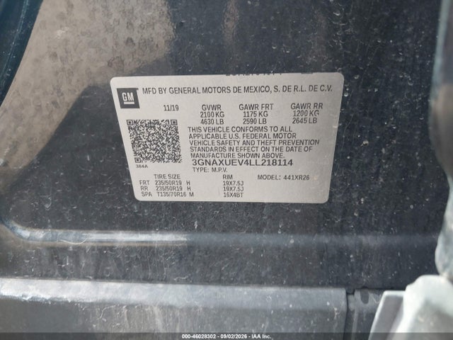 46028302 :رقم المزاد ، 3GNAXUEV4LL218114 vin ، 2020 Chevrolet Equinox Awd Lt 1.5l Turbo مزاد بيع