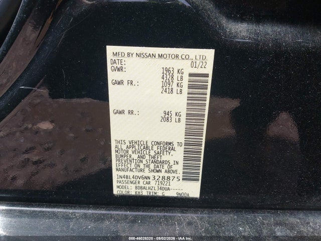 Продаж на аукціоні авто 2022 Nissan Altima Sv Fwd, vin: 1N4BL4DV6NN328875, номер лоту: 46028320