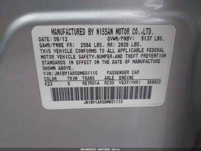 46028322 :رقم المزاد ، JN1BY1AR0DM601110 vin ، 2013 Infiniti M37x مزاد بيع