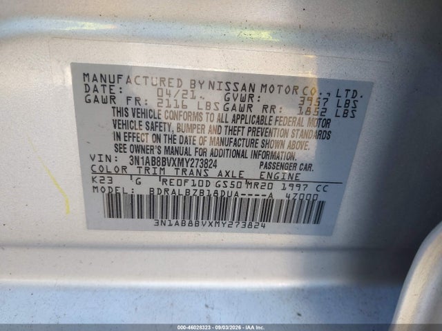 Aukcja sprzedaży 2021 Nissan Sentra S Xtronic Cvt, vin: 3N1AB8BVXMY273824, numer aukcji: 46028323