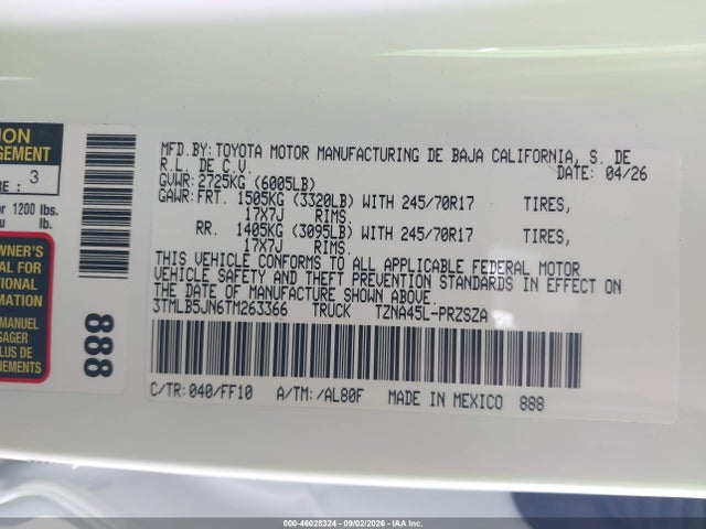 Aukcja sprzedaży 2026 Toyota Tacoma Sr5, vin: 3TMLB5JN6TM263366, numer aukcji: 46028324