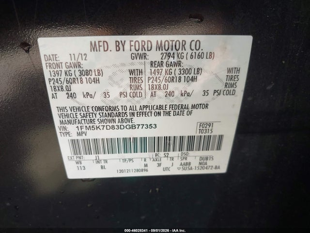 Продаж на аукціоні авто 2013 Ford Explorer Xlt, vin: 1FM5K7D83DGB77353, номер лоту: 46028341