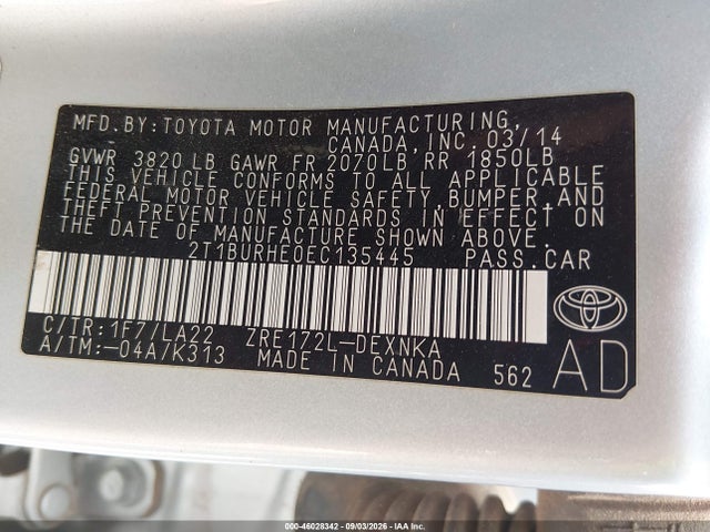 46028342 :رقم المزاد ، 2T1BURHE0EC135445 vin ، 2014 Toyota Corolla Le Premium مزاد بيع