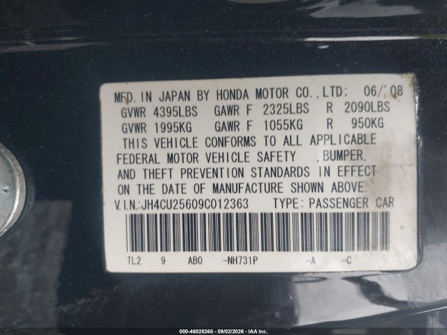 Продаж на аукціоні авто 2009 Acura Tsx, vin: JH4CU25609C012363, номер лоту: 46028360