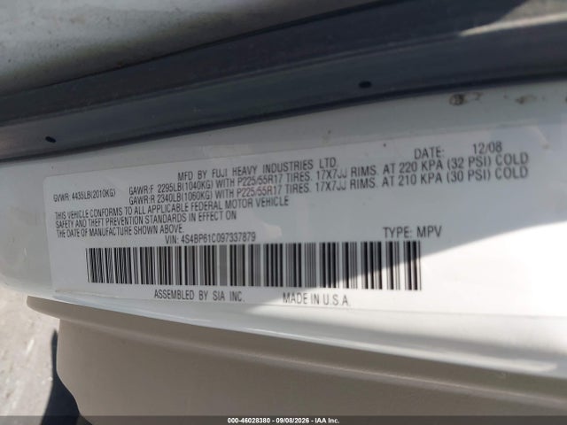 2009 Subaru Outback 2.5i მანქანა იყიდება აუქციონზე, vin: 4S4BP61C097337879, აუქციონის ნომერი: 46028380