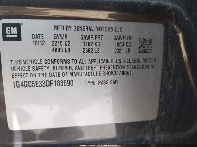 Aukcja sprzedaży 2013 Buick Lacrosse Leather Group, vin: 1G4GC5E33DF183690, numer aukcji: 46028383