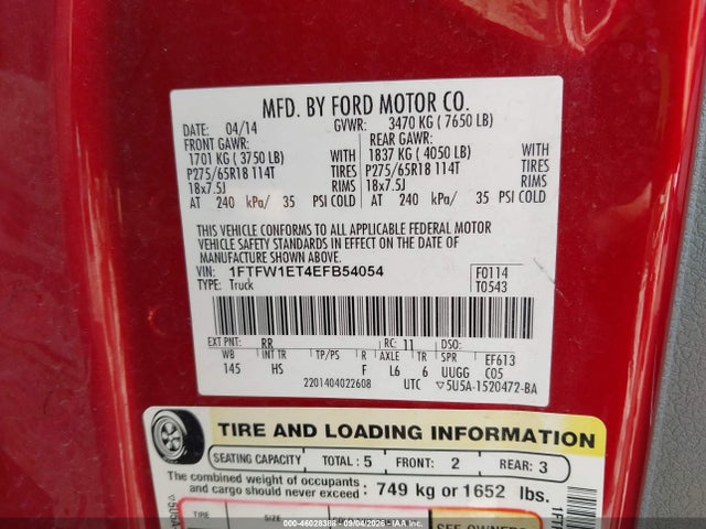 46028388 :رقم المزاد ، 1FTFW1ET4EFB54054 vin ، 2014 Ford F-150 Lariat مزاد بيع