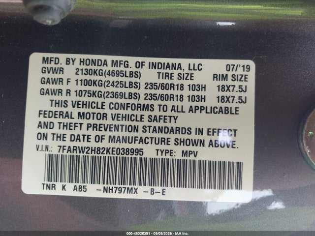 2019 Honda Cr-v Ex-l მანქანა იყიდება აუქციონზე, vin: 7FARW2H82KE038995, აუქციონის ნომერი: 46028391