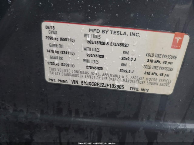 Aukcja sprzedaży 2018 Tesla Model X 100d/75d/p100d, vin: 5YJXCBE22JF103905, numer aukcji: 46028392