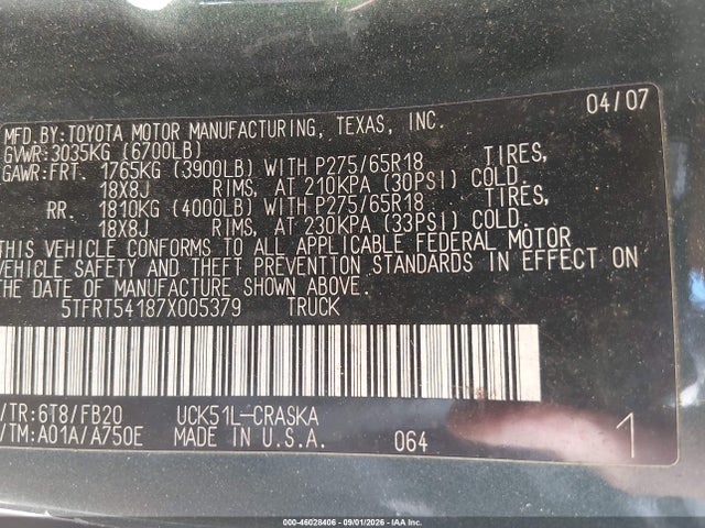 46028406 :رقم المزاد ، 5TFRT54187X005379 vin ، 2007 Toyota Tundra Sr5 4.7l V8 مزاد بيع