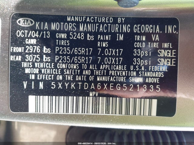 Продажа на аукционе авто 2014 Kia Sorento Lx, vin: 5XYKTDA6XEG521335, номер лота: 46028414