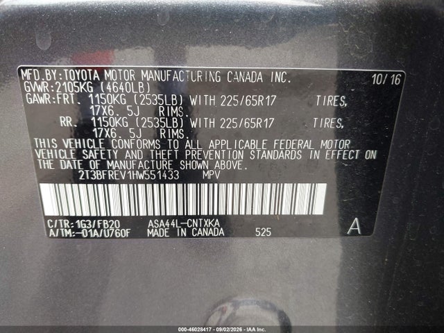 Aukcja sprzedaży 2017 Toyota Rav4 Le, vin: 2T3BFREV1HW551433, numer aukcji: 46028417