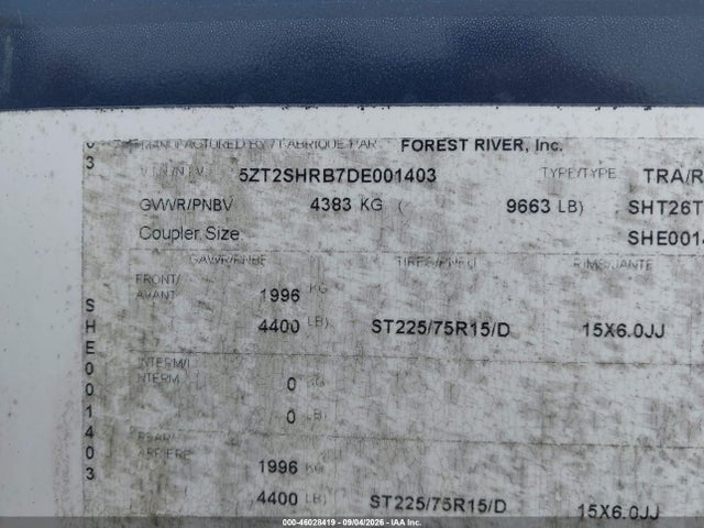Продаж на аукціоні авто 2013 Shasta Other, vin: 5ZT2SHRB7DE001403, номер лоту: 46028419