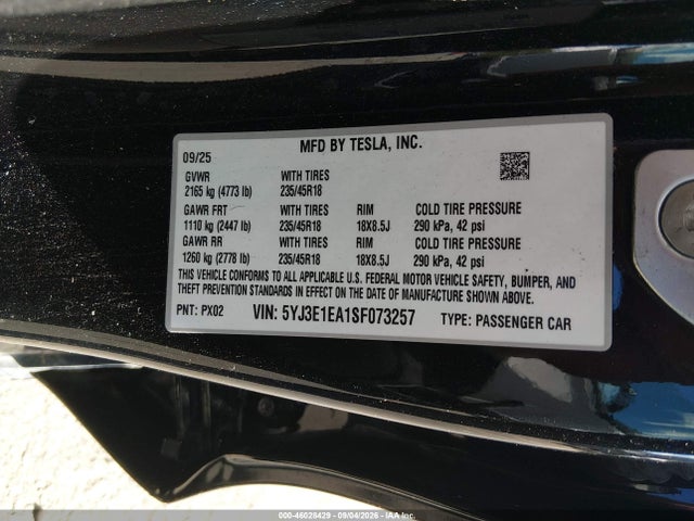 5YJ3E1EA1SF073257 Tesla Model 3 Long Range Rear-wheel Drive/standard Rear-wheel Drive