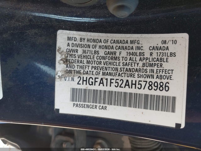 Aukcja sprzedaży 2010 Honda Civic Lx, vin: 2HGFA1F52AH578986, numer aukcji: 46028431
