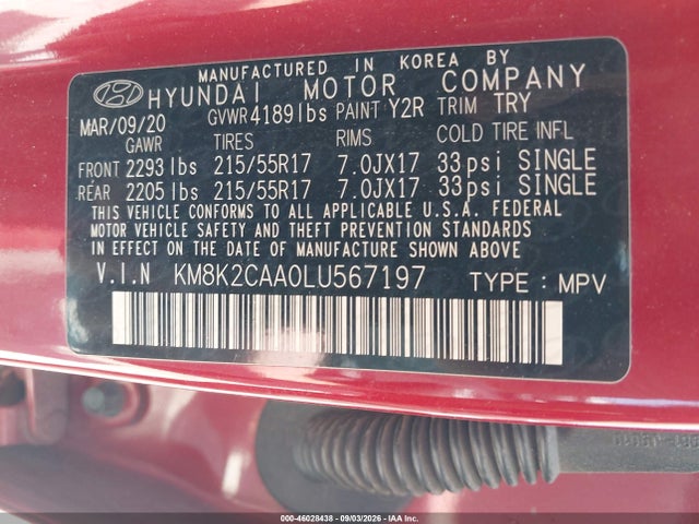 46028438 :رقم المزاد ، KM8K2CAA0LU567197 vin ، 2020 Hyundai Kona Sel مزاد بيع
