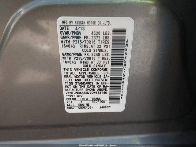 Aukcja sprzedaży 2013 Nissan Rogue S, vin: JN8AS5MV7DW643146, numer aukcji: 46028445