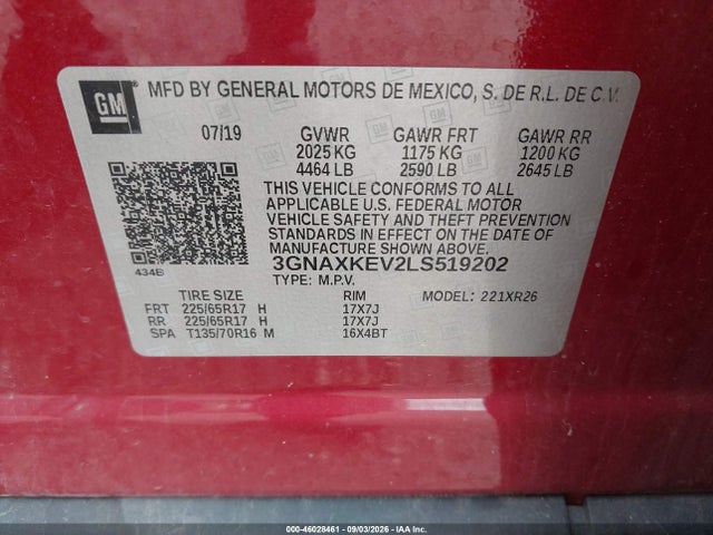 Продажа на аукционе авто 2020 Chevrolet Equinox Fwd Lt 1.5l Turbo, vin: 3GNAXKEV2LS519202, номер лота: 46028461