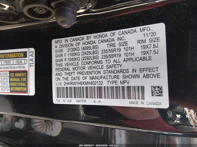 Продаж на аукціоні авто 2021 Honda Cr-v 2wd Touring, vin: 2HKRW1H9XMH402132, номер лоту: 46028477