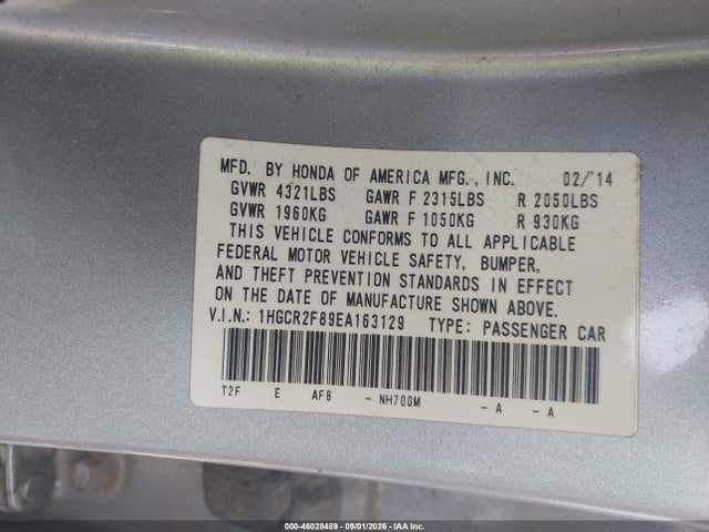 46028489 :رقم المزاد ، 1HGCR2F89EA163129 vin ، 2014 Honda Accord Ex-l مزاد بيع