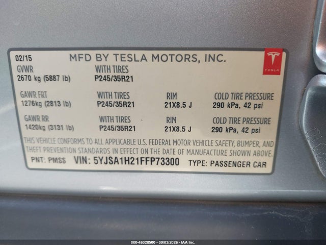 2015 Tesla Model S 70d/85d/p85d მანქანა იყიდება აუქციონზე, vin: 5YJSA1H21FFP73300, აუქციონის ნომერი: 46028500