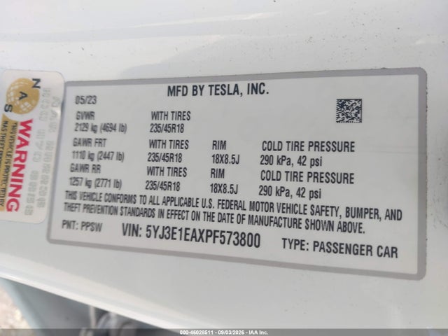Продаж на аукціоні авто 2023 Tesla Model 3 Rear-wheel Drive, vin: 5YJ3E1EAXPF573800, номер лоту: 46028511