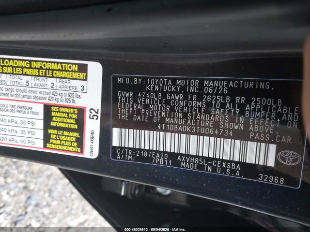 46028512 :رقم المزاد ، 4T1DBADK3TU064734 vin ، 2026 Toyota Camry Se مزاد بيع