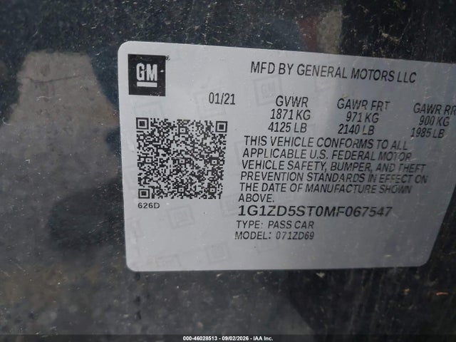46028513 :رقم المزاد ، 1G1ZD5ST0MF067547 vin ، 2021 Chevrolet Malibu Fwd Lt مزاد بيع