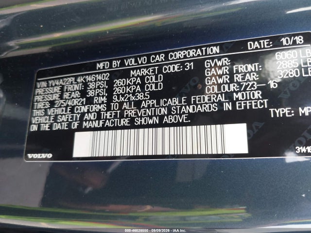 46028550 :رقم المزاد ، YV4A22PL4K1461402 vin ، 2019 Volvo Xc90 T6 Inscription مزاد بيع