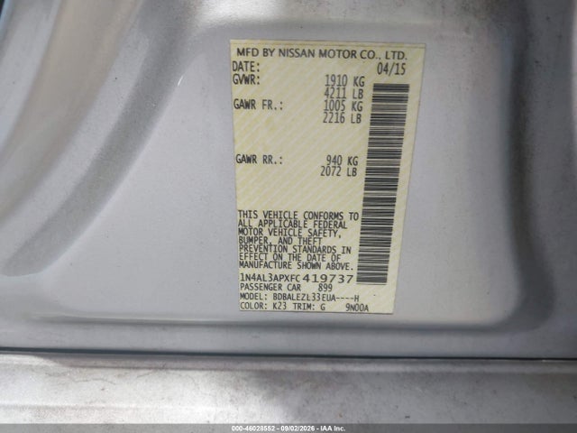 2015 Nissan Altima 2.5 S მანქანა იყიდება აუქციონზე, vin: 1N4AL3APXFC419737, აუქციონის ნომერი: 46028552