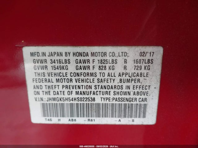 Продаж на аукціоні авто 2017 Honda Fit Lx, vin: JHMGK5H54HS022538, номер лоту: 46028555