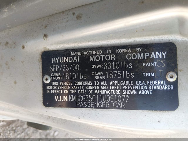 2001 Hyundai Accent Gs მანქანა იყიდება აუქციონზე, vin: KMHCG35C11U091072, აუქციონის ნომერი: 46028558