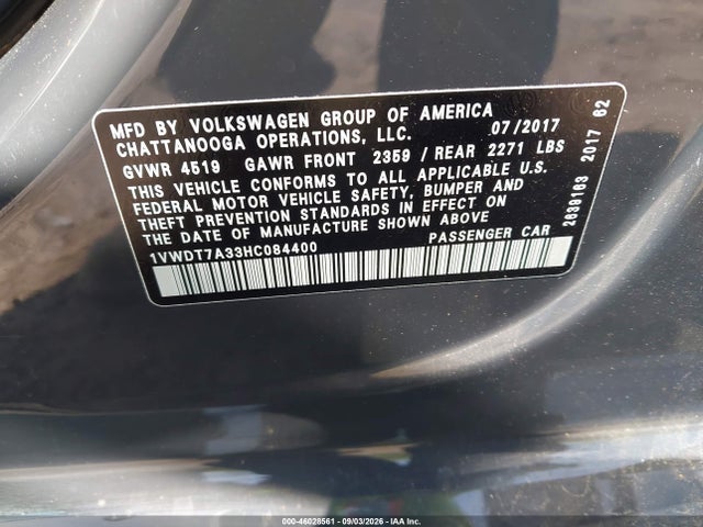 2017 Volkswagen Passat 1.8t R-line მანქანა იყიდება აუქციონზე, vin: 1VWDT7A33HC084400, აუქციონის ნომერი: 46028561
