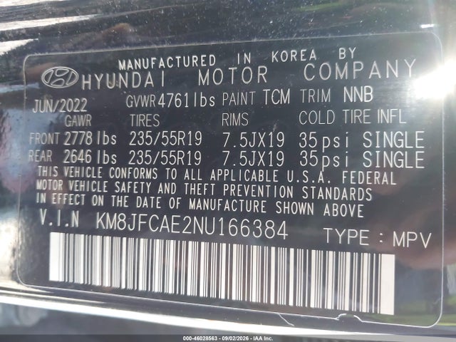 2022 Hyundai Tucson Xrt მანქანა იყიდება აუქციონზე, vin: KM8JFCAE2NU166384, აუქციონის ნომერი: 46028563
