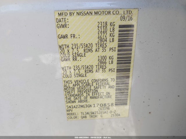 Продаж на аукціоні авто 2016 Nissan Murano Platinum, vin: 5N1AZ2MG3GN170858, номер лоту: 46028564