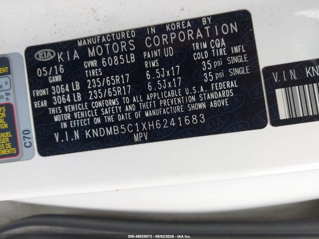 2017 Kia Sedona Lx მანქანა იყიდება აუქციონზე, vin: KNDMB5C1XH6241683, აუქციონის ნომერი: 46028573