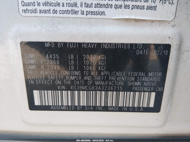 Aukcja sprzedaży 2010 Subaru Legacy 2.5i Premium, vin: 4S3BMCG63A3236215, numer aukcji: 46028595