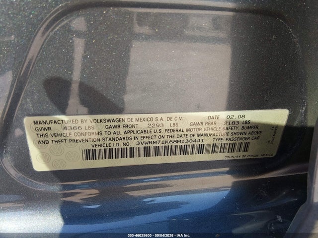 2008 Volkswagen Jetta Se/sel მანქანა იყიდება აუქციონზე, vin: 3VWRM71K68M130441, აუქციონის ნომერი: 46028600