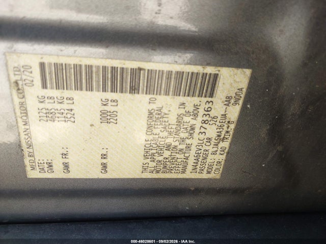 46028601 :رقم المزاد ، 1N4AA6EV3LC378363 vin ، 2020 Nissan Maxima Sr Xtronic Cvt مزاد بيع