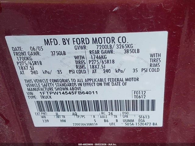2005 Ford F-150 Fx4/lariat/xlt მანქანა იყიდება აუქციონზე, vin: 1FTPW14545FB64011, აუქციონის ნომერი: 46028606