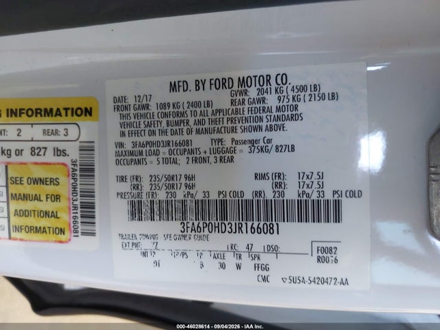 Ford FUSION SE 2018 3FA6P0HD3JR166081 Image 9