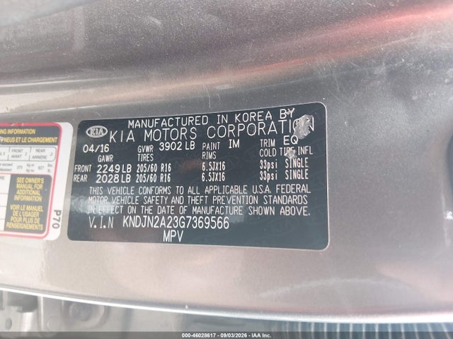 2016 Kia Soul მანქანა იყიდება აუქციონზე, vin: KNDJN2A23G7369566, აუქციონის ნომერი: 46028617